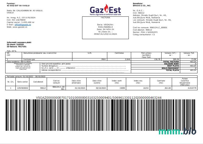 Rumunia Gaz Est rachunek za usługi komunalne słowo i szablon PDF
